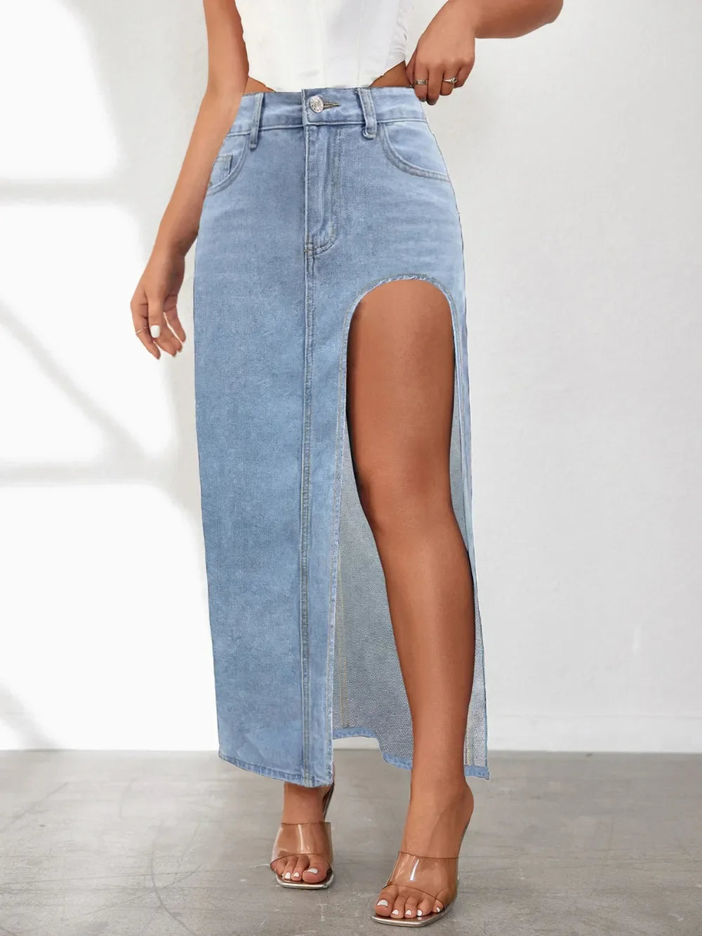 Classic High Rise Slit Denim Skirt With Flattering Fit - Southern Shores Clothing