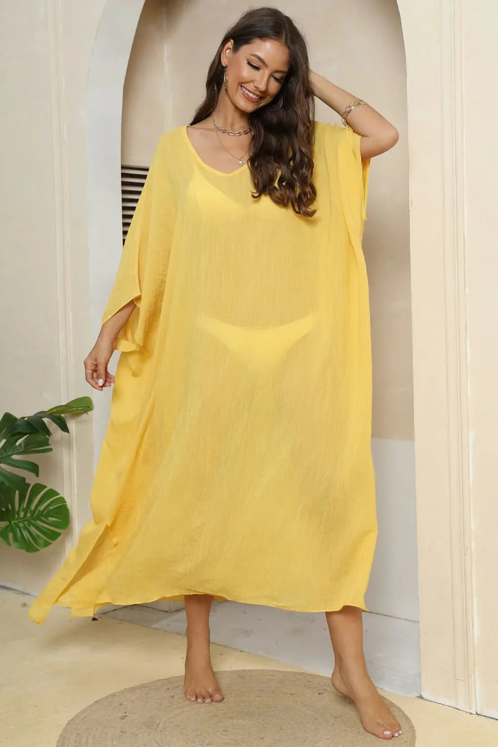 V-Neck Sheer Cover-Up With Three-Quarter Sleeve, One Size - Southern Shores Clothing
