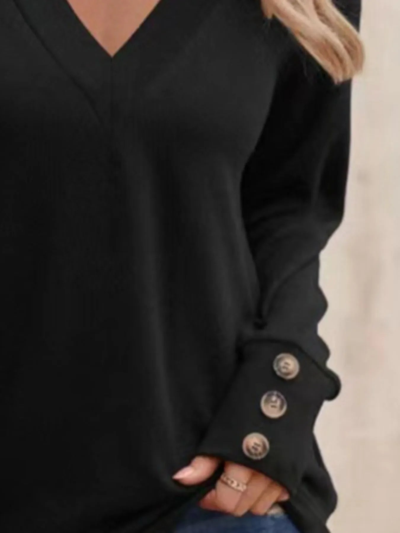 V-Neck Long Sleeve Tee With Decorative Buttons - Southern Shores Clothing