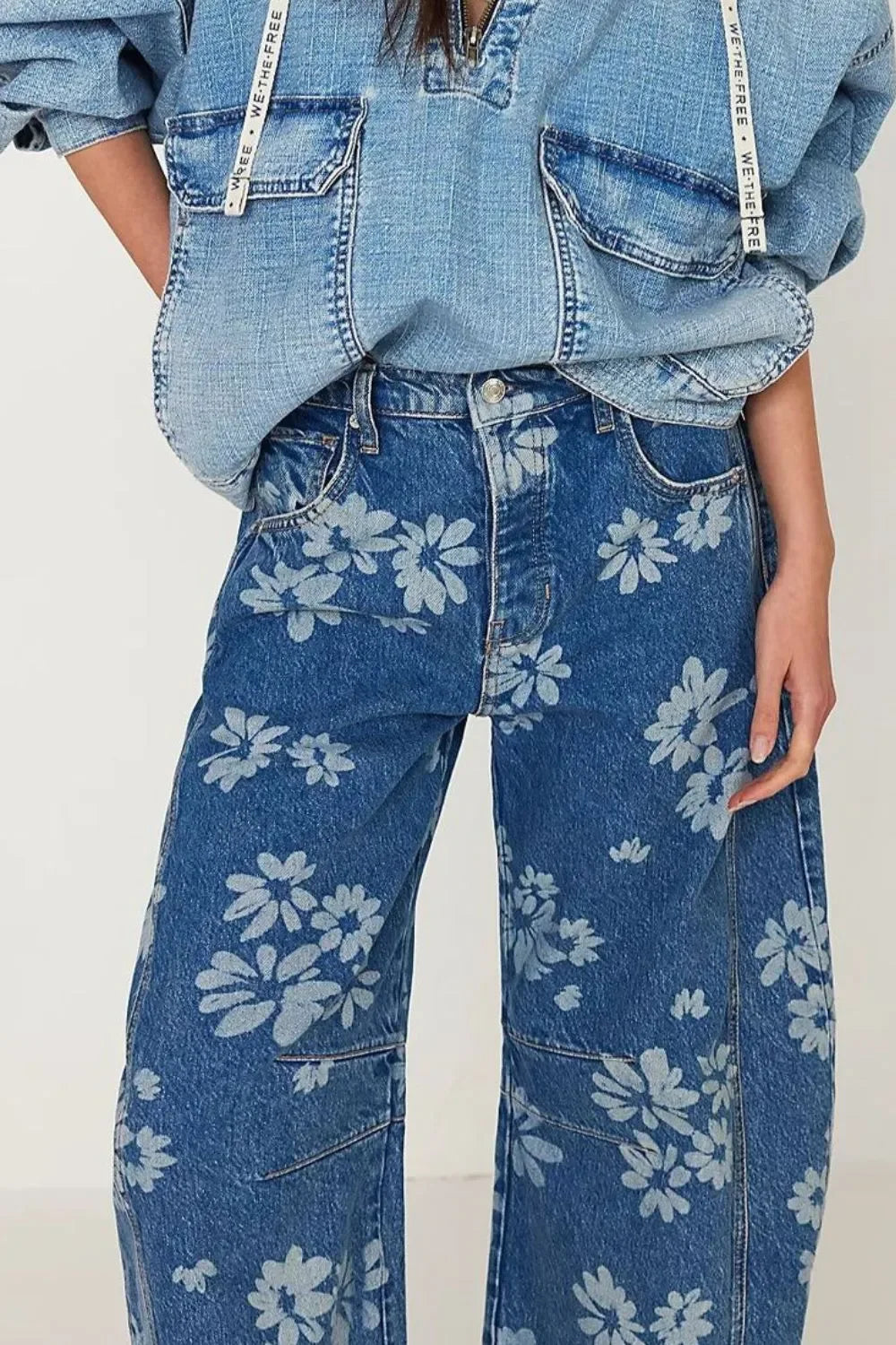Denim Wide Leg Jeans With Ocean Flower Print - Southern Shores Clothing
