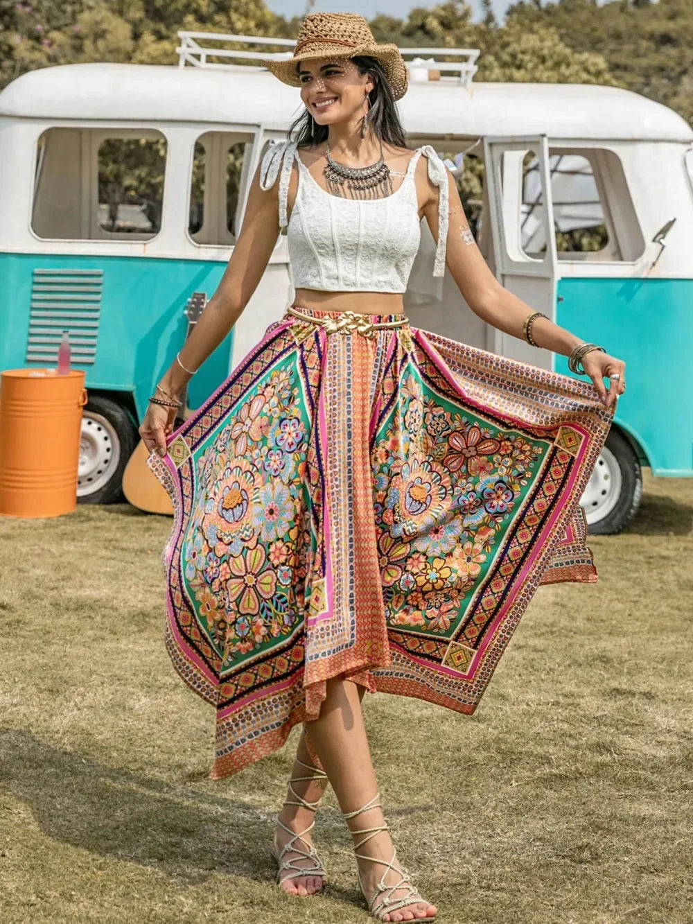 Printed High Waist Handkerchief Hem Skirt - Southern Shores Clothing