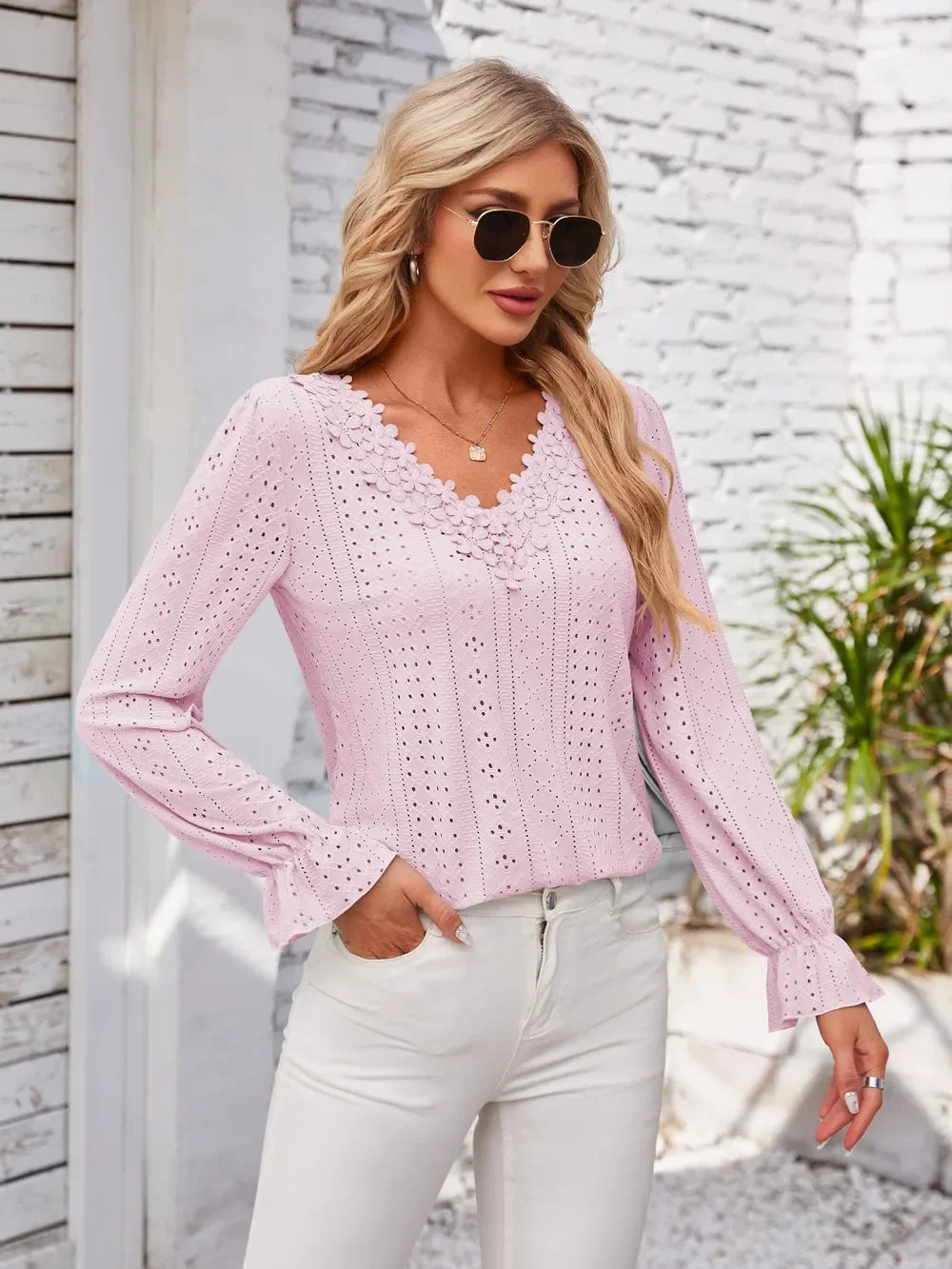Applique V-Neck Flounce Sleeve Polyester T-Shirt - Southern Shores Clothing