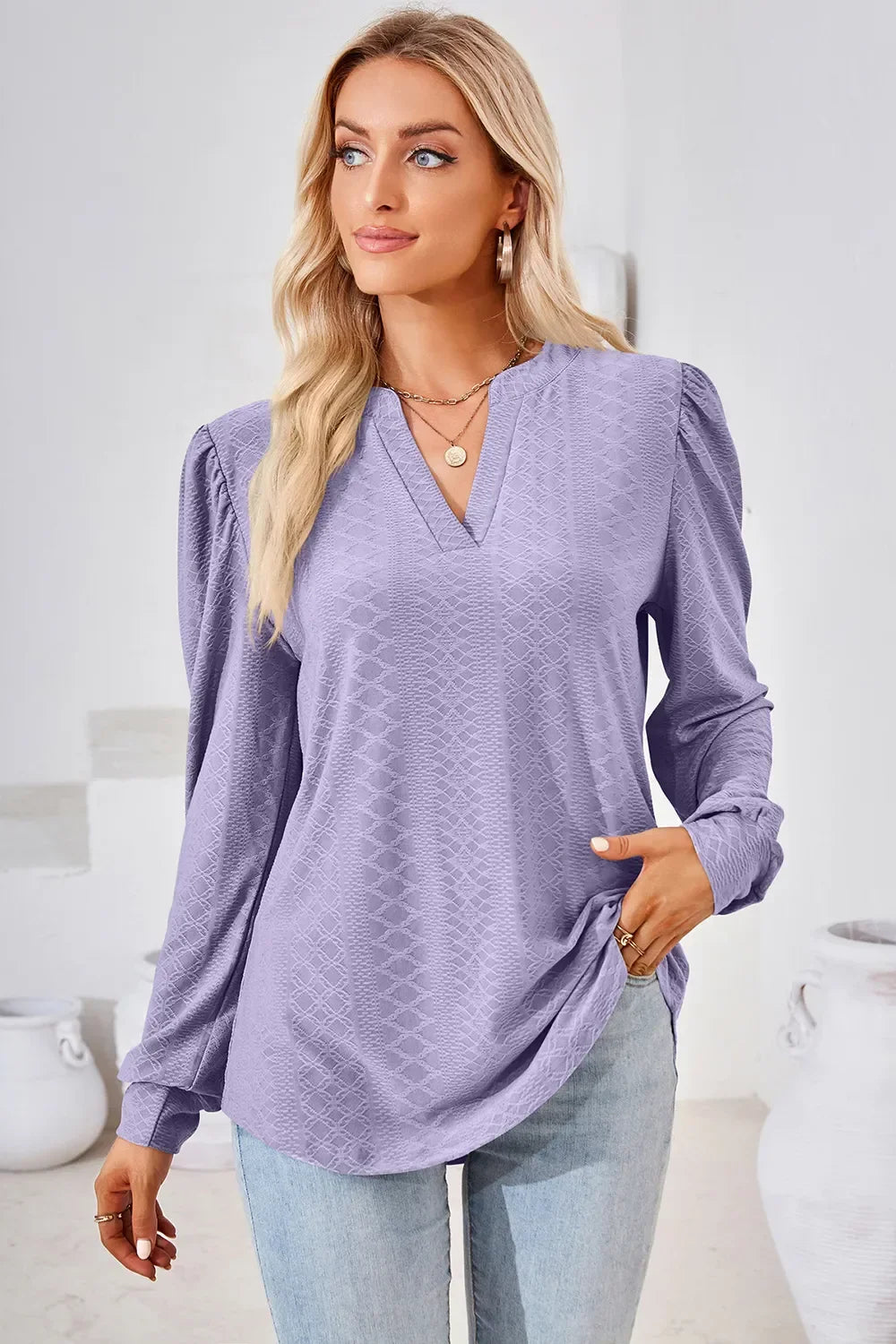 Notched Long Sleeve Top With Slightly Stretchy Fit - Southern Shores Clothing