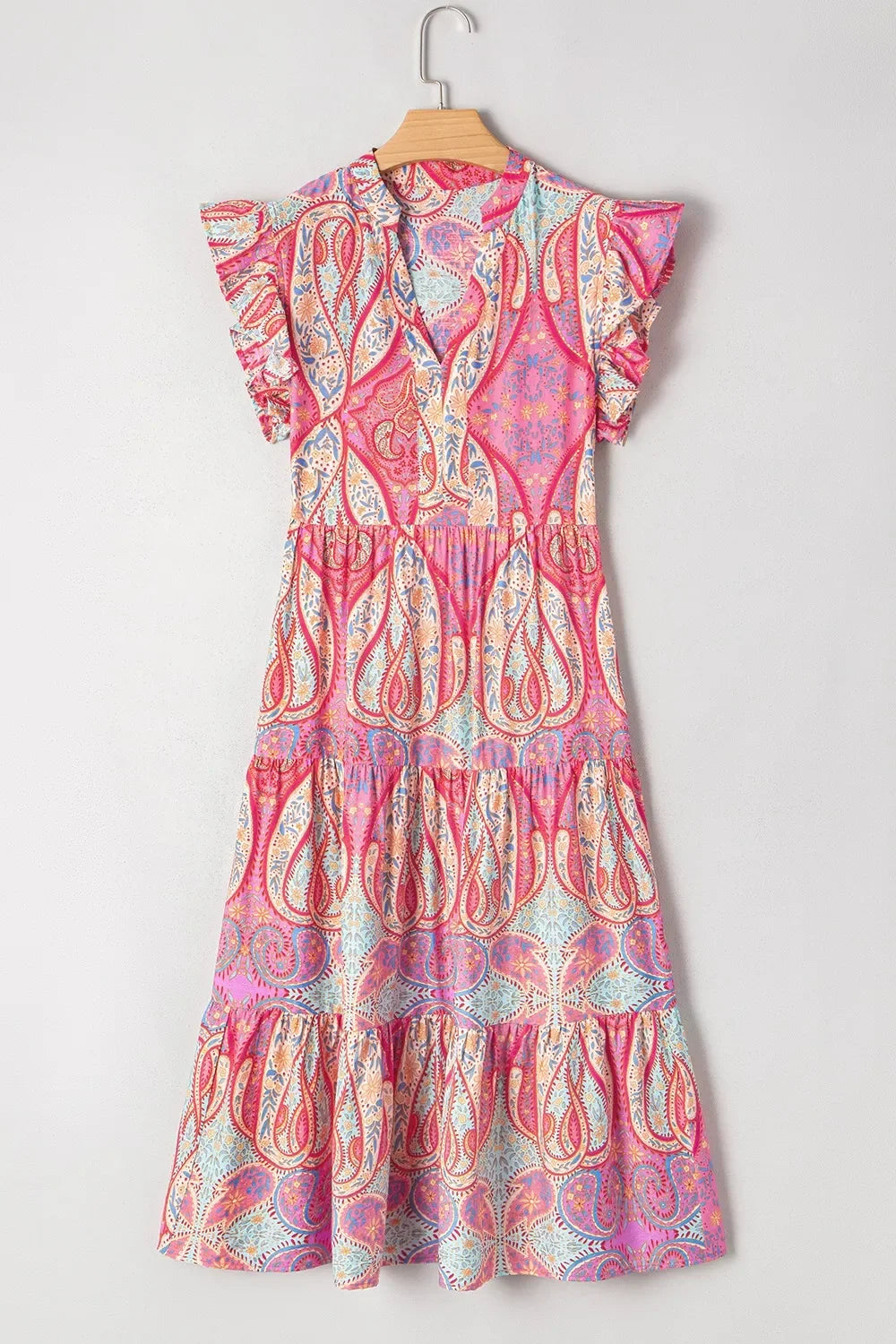 Tribal Paisley Print Ruffled Sleeve Notch Neck Midi Dress - Southern Shores Clothing
