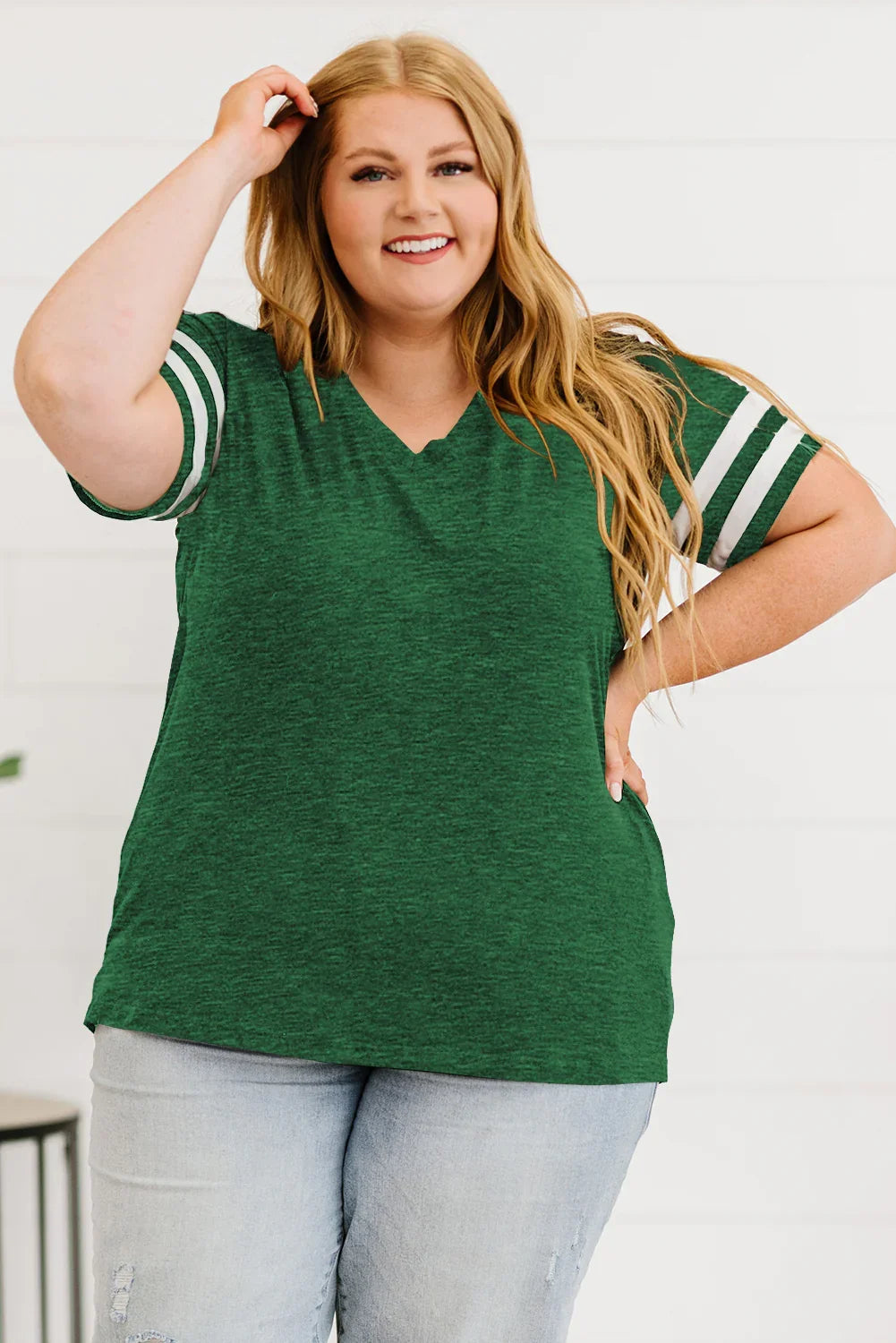Plus Size Striped V-Neck Short Sleeve T-Shirt - Southern Shores Clothing