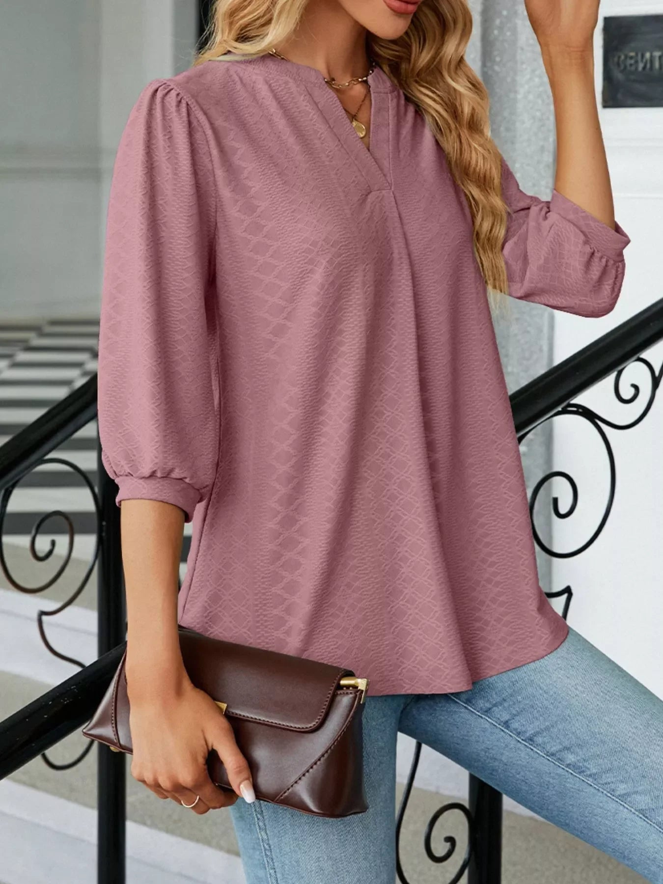 Notched 3/4 Sleeve Casual Top - Southern Shores Clothing