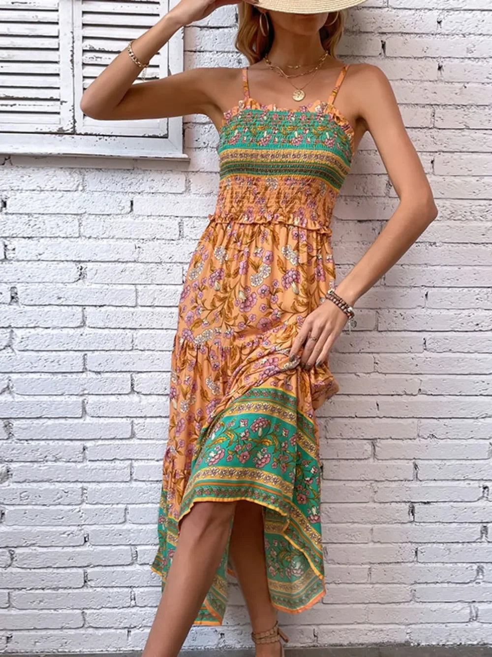 Floral Printed Square Neck Midi Cami Dress With Smocked Bodice - Southern Shores Clothing