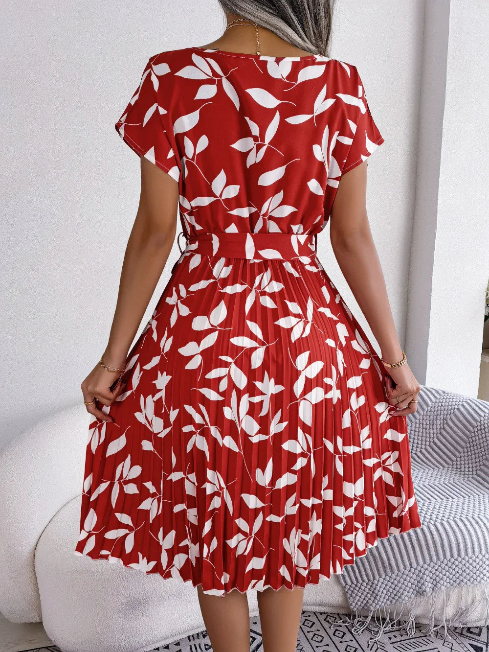 Printed Round Neck Short Sleeve Pleated Dress - Southern Shores Clothing