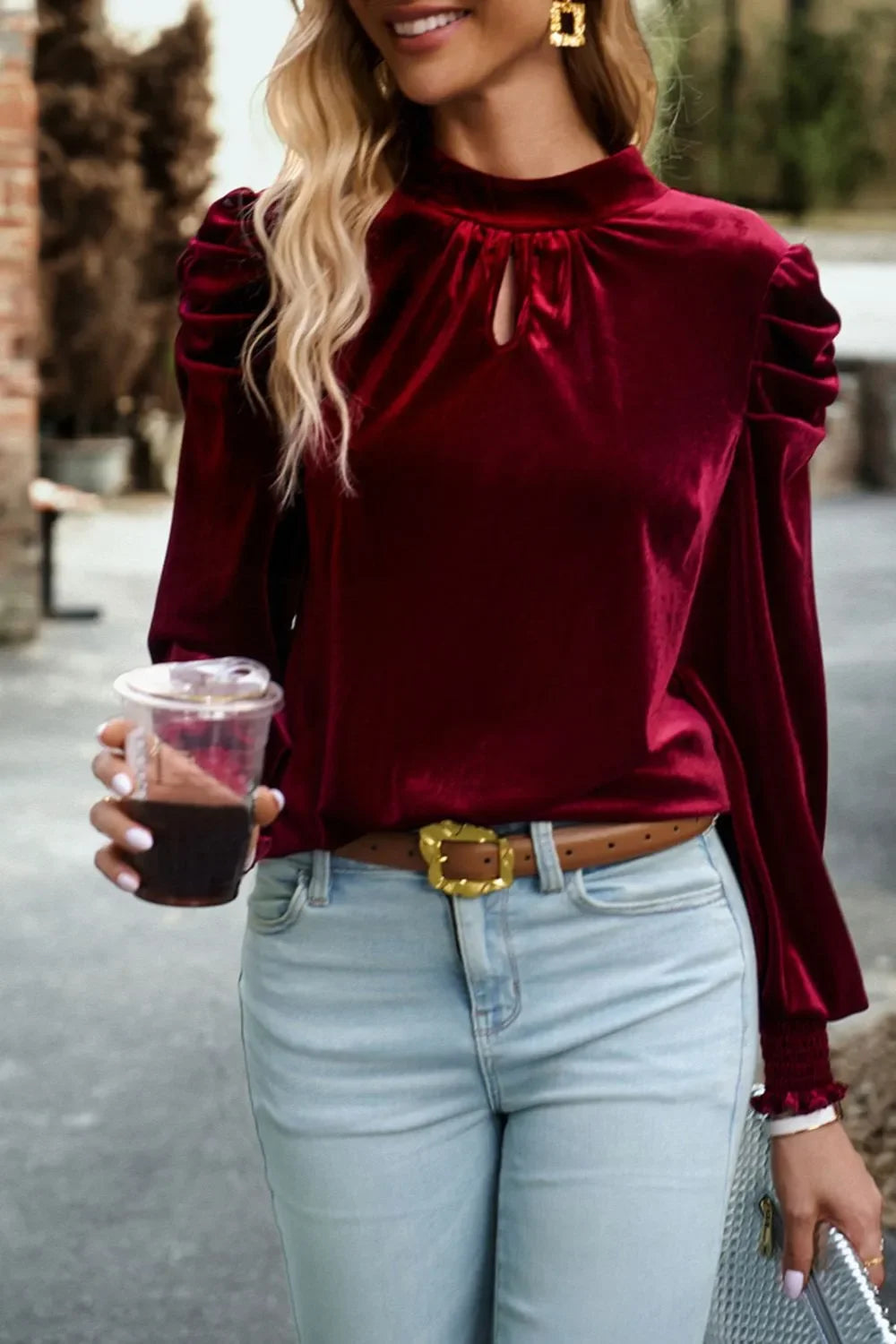 Southern Shores Clothing Long Sleeve Tie Up Mock Neck Velvet Fabric Blouse Design For Everyday Wear - Southern Shores Clothing