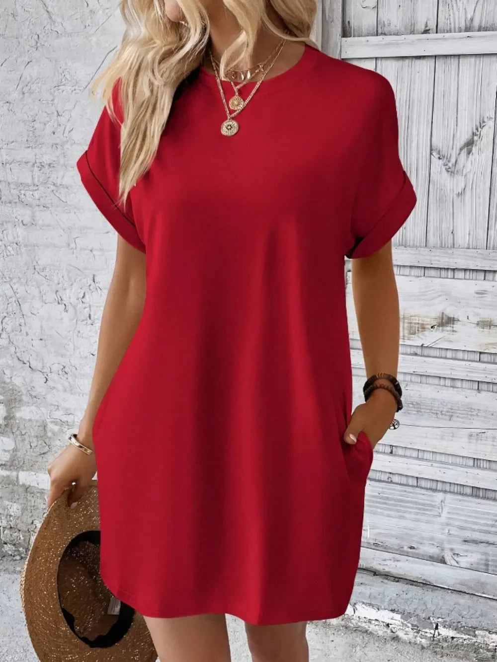 Pocketed Round Neck Short Sleeve Dress - Southern Shores Clothing