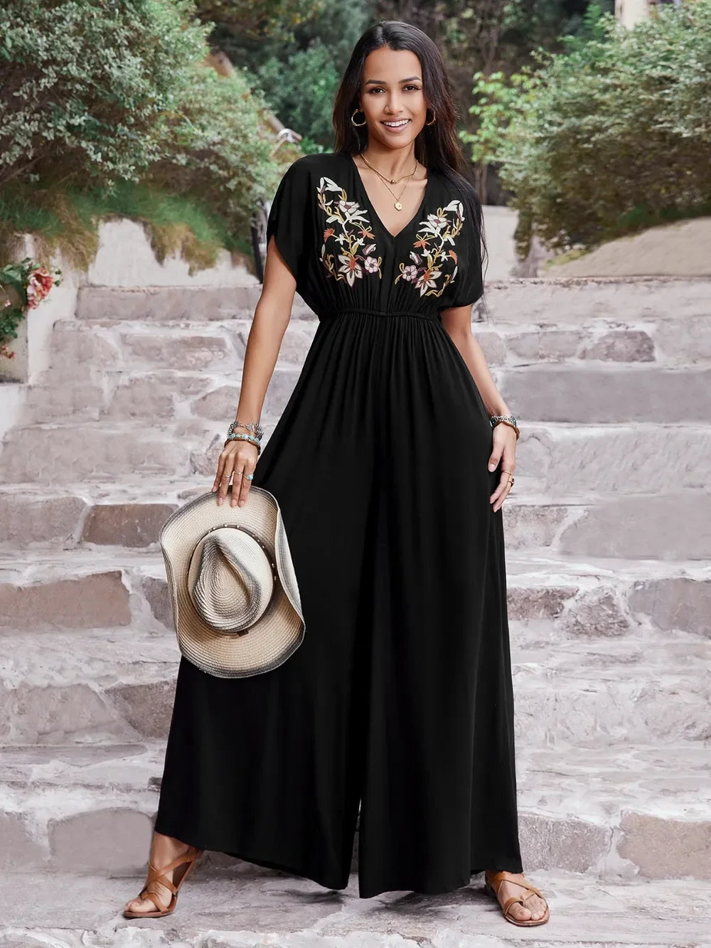 Embroidered Ruched Short Sleeve Jumpsuit - Southern Shores Clothing