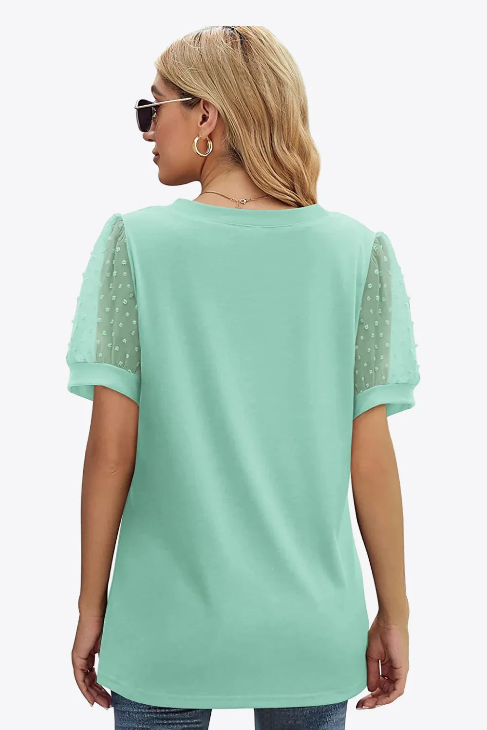 Swiss Dot Puff Sleeve V-Neck Tee With Dot Detailing - Southern Shores Clothing