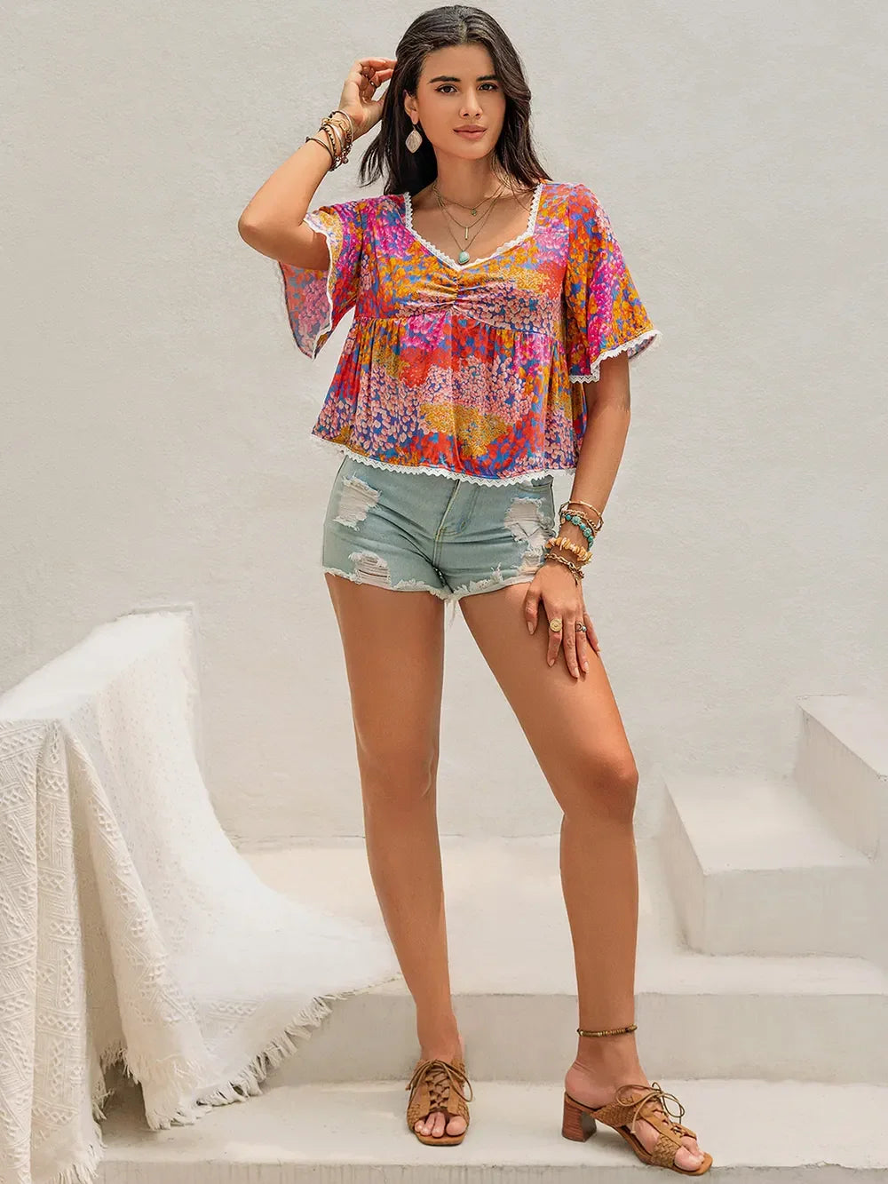 Floral Print Ruched Half Sleeve Blouse With Scalloped Lace Trim - Southern Shores Clothing