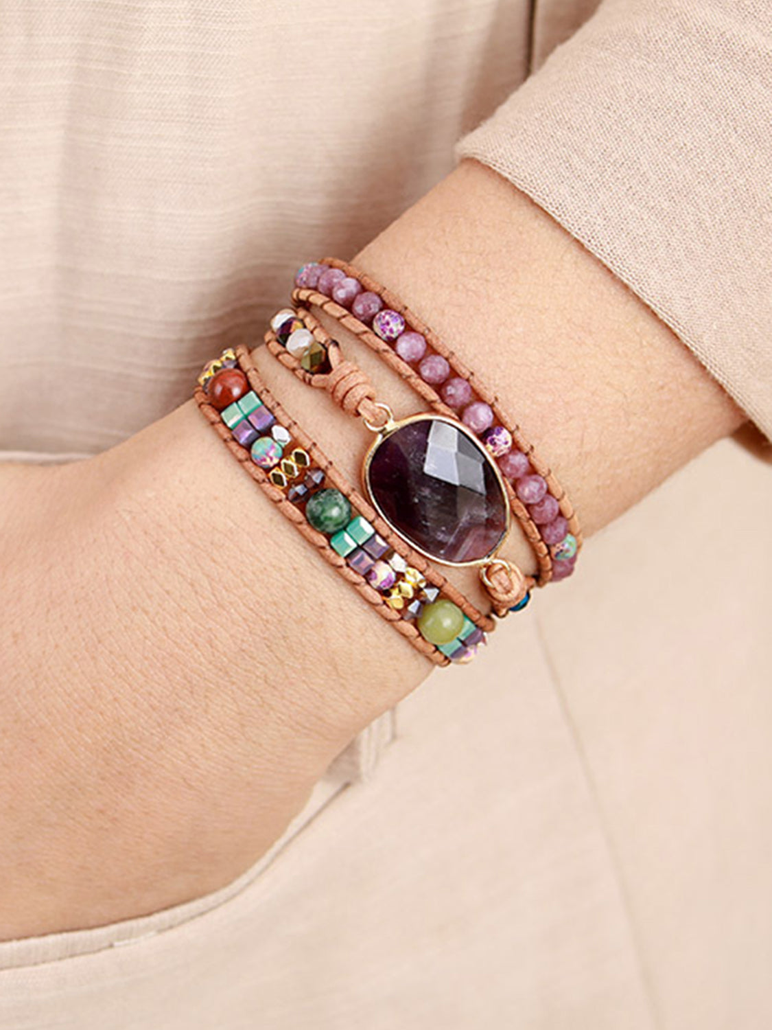 Southern Shores Triple-Layer Amethyst Bracelet with Natural Stones