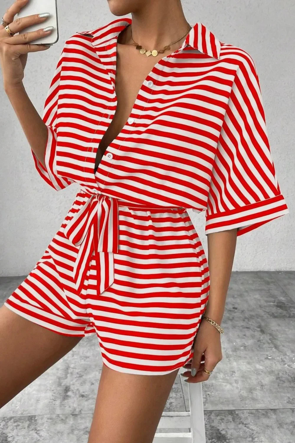 Striped Collared Neck Tie Waist Romper Relaxed Fit - Southern Shores Clothing