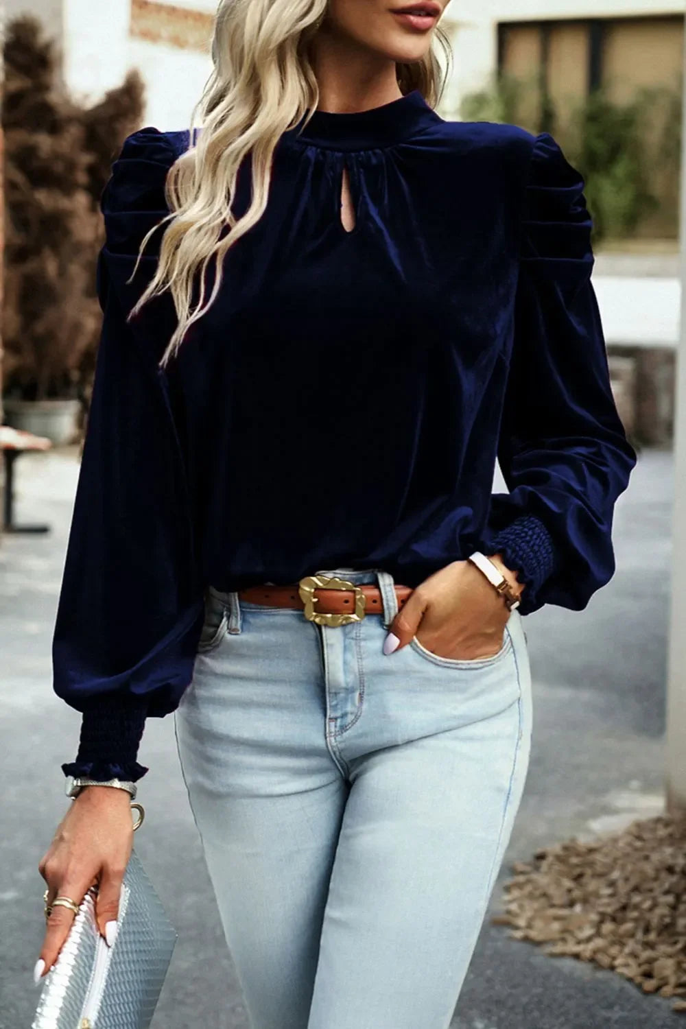 Southern Shores Clothing Long Sleeve Tie Up Mock Neck Velvet Fabric Blouse Design For Everyday Wear - Southern Shores Clothing