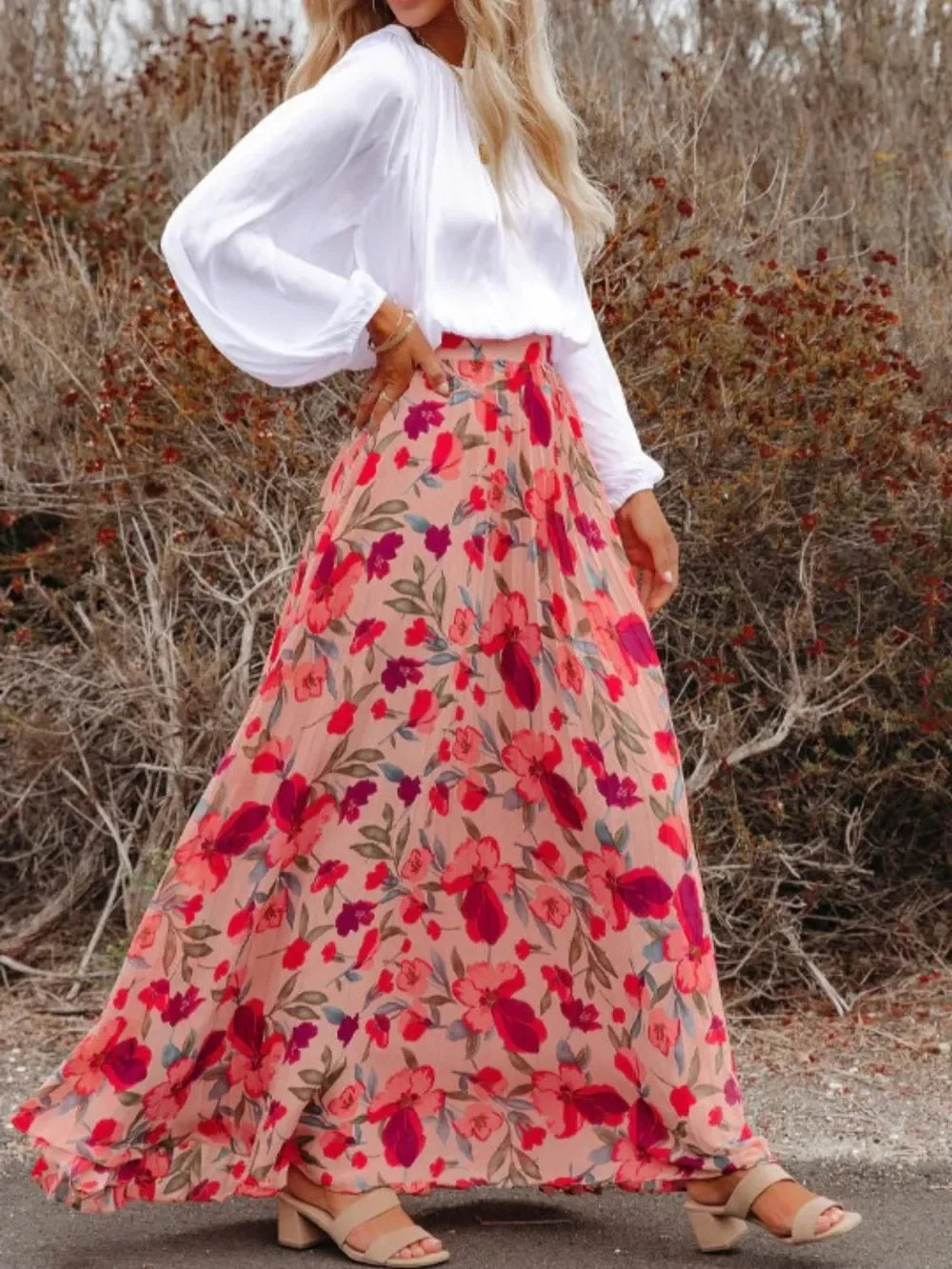 Printed Elastic Waist Pleated Maxi Skirt - Southern Shores Clothing