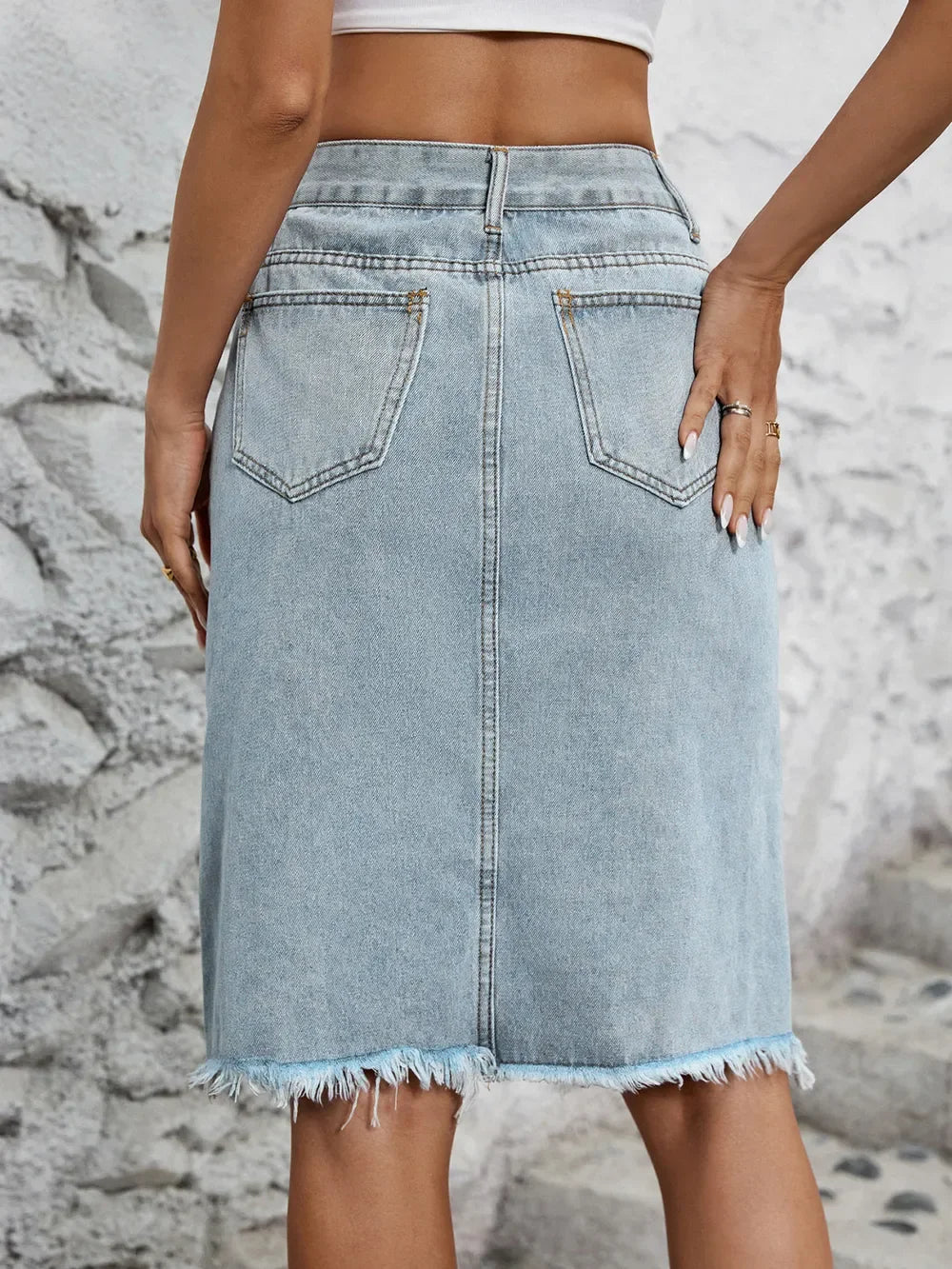 Stretchy Denim Slit Skirt With Raw Hem Detailing - Southern Shores Clothing