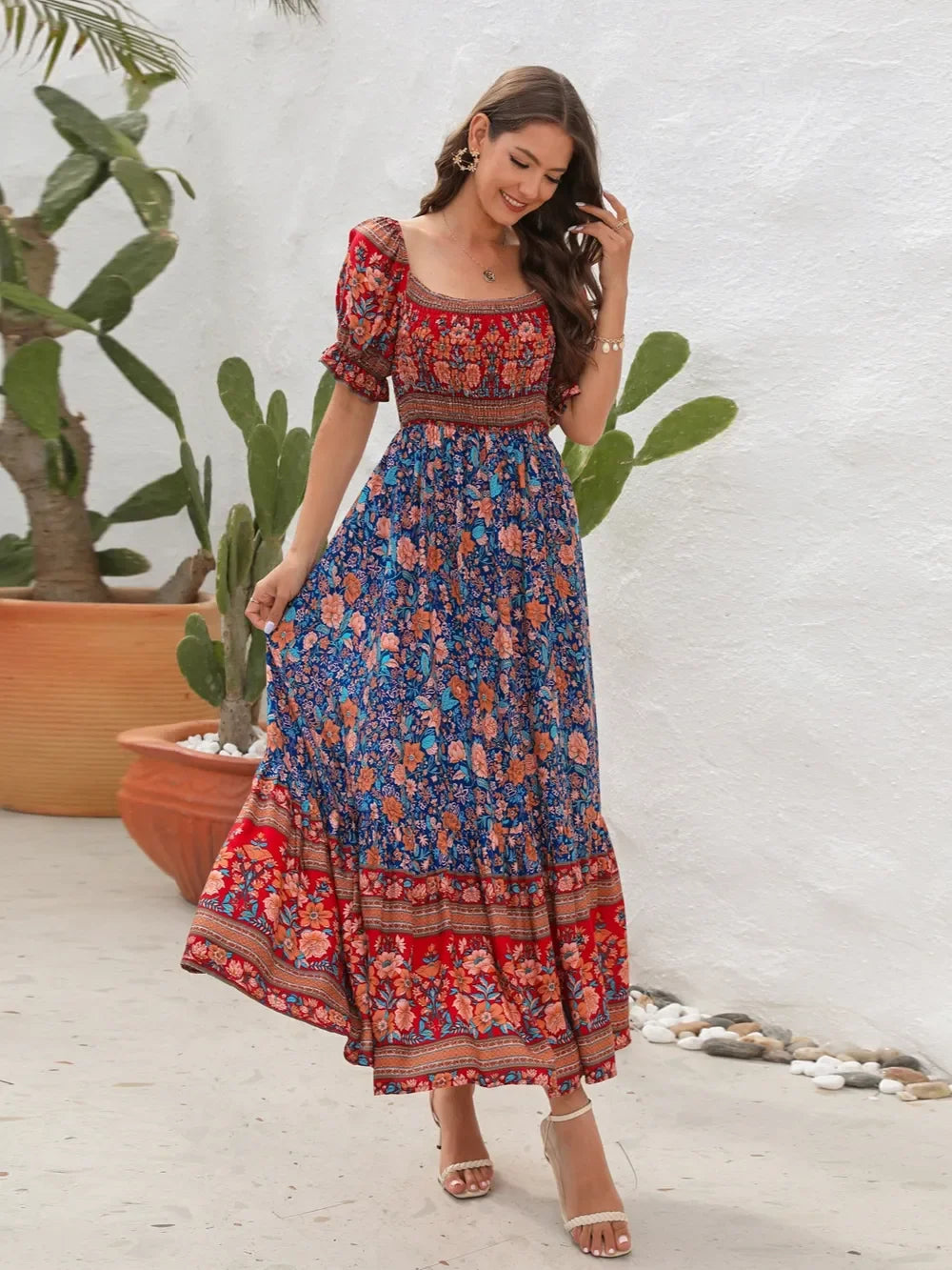 Floral Flounce Sleeve Midi Dress Rayon Off Shoulder Boho - Southern Shores Clothing