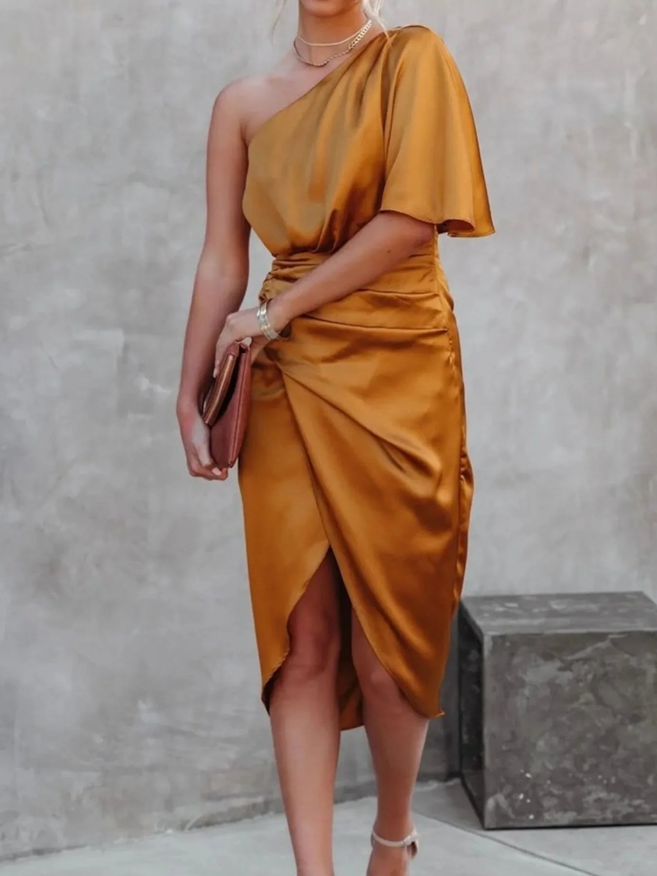 One-Shoulder Satin Wrap Dress With Side Slit - Southern Shores Clothing