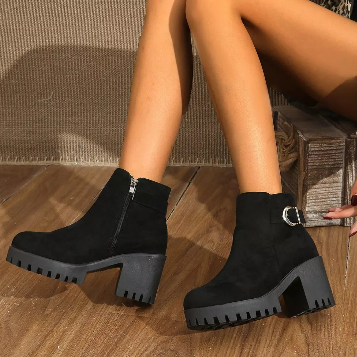 Suede Round Toe Block Heels Boots Classic - Southern Shores Clothing