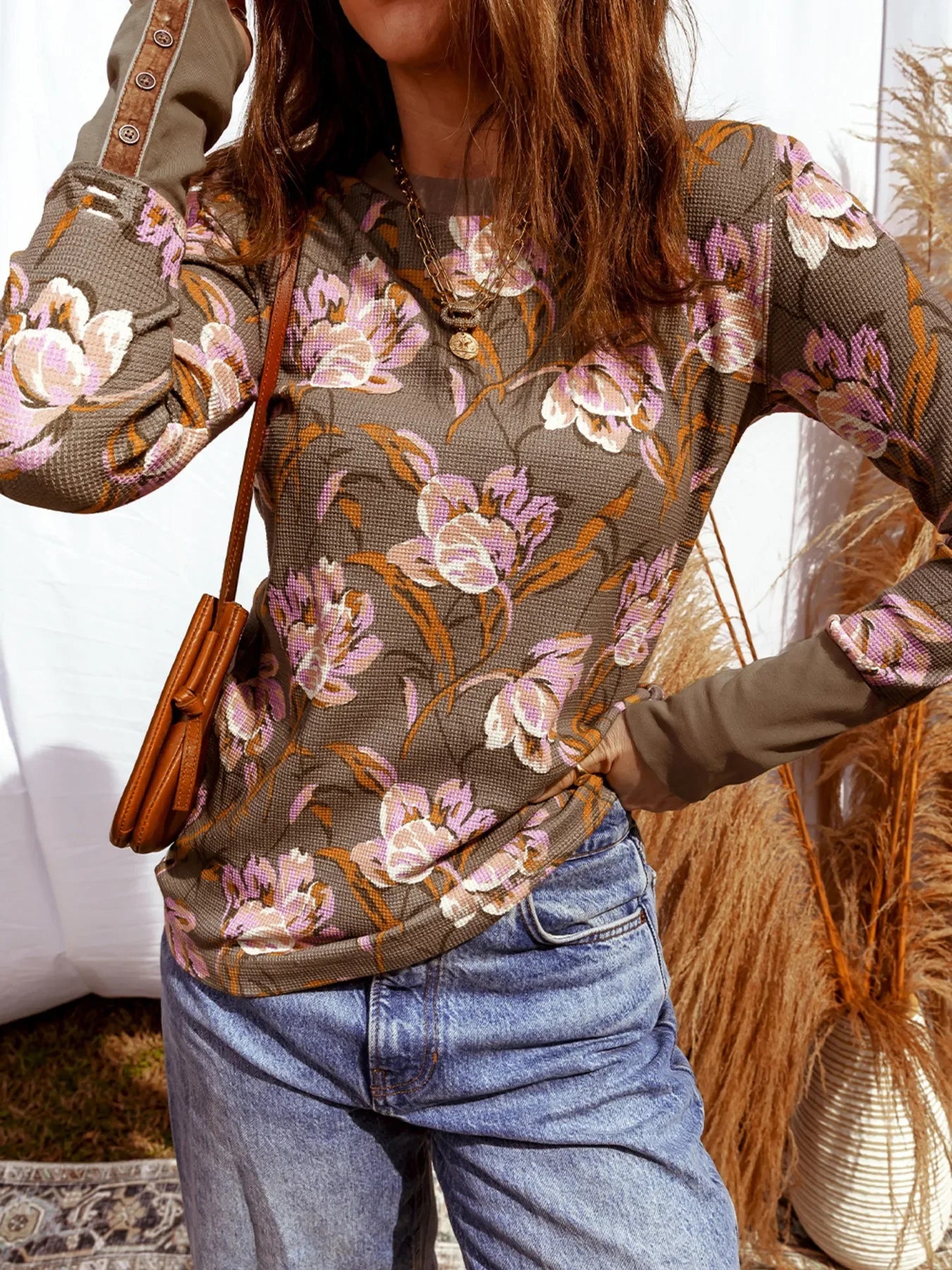 Floral Print Waffle Textured Long Sleeve Top - Southern Shores Clothing