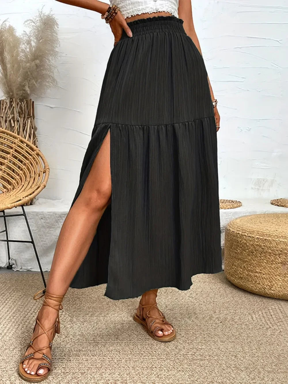 Lightweight Polyester Blend Frill Slit Skirt - Southern Shores Clothing