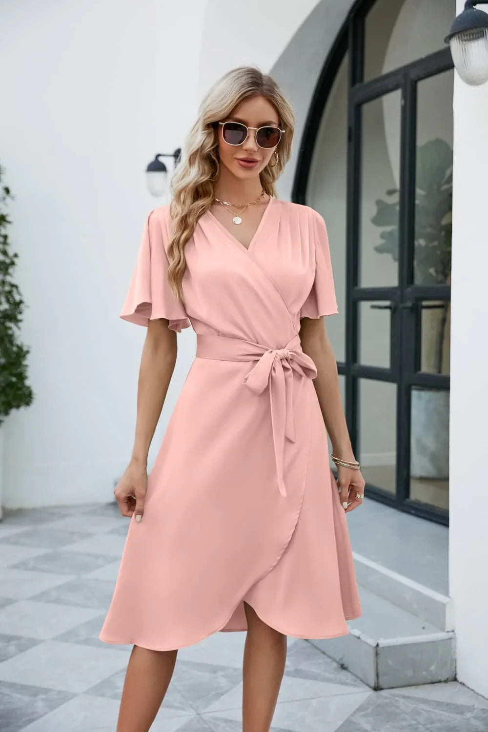 Tie Waist Flutter Sleeve Surplice Dress - Southern Shores Clothing