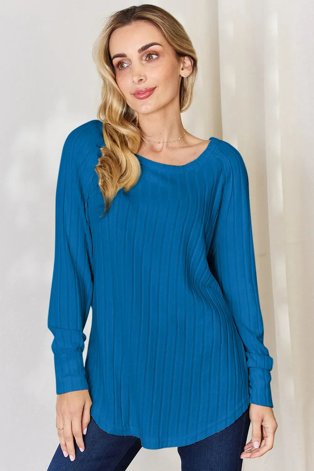 Ribbed Round Neck Slit T Shirt With Stretch - Southern Shores Clothing