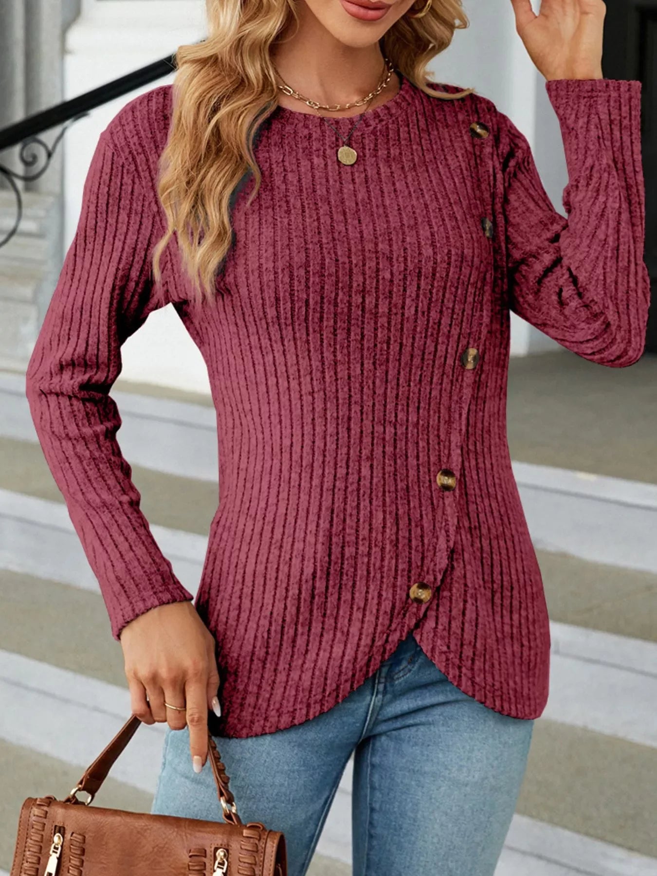 Ribbed Knit Decor Button T-Shirt - Southern Shores Clothing