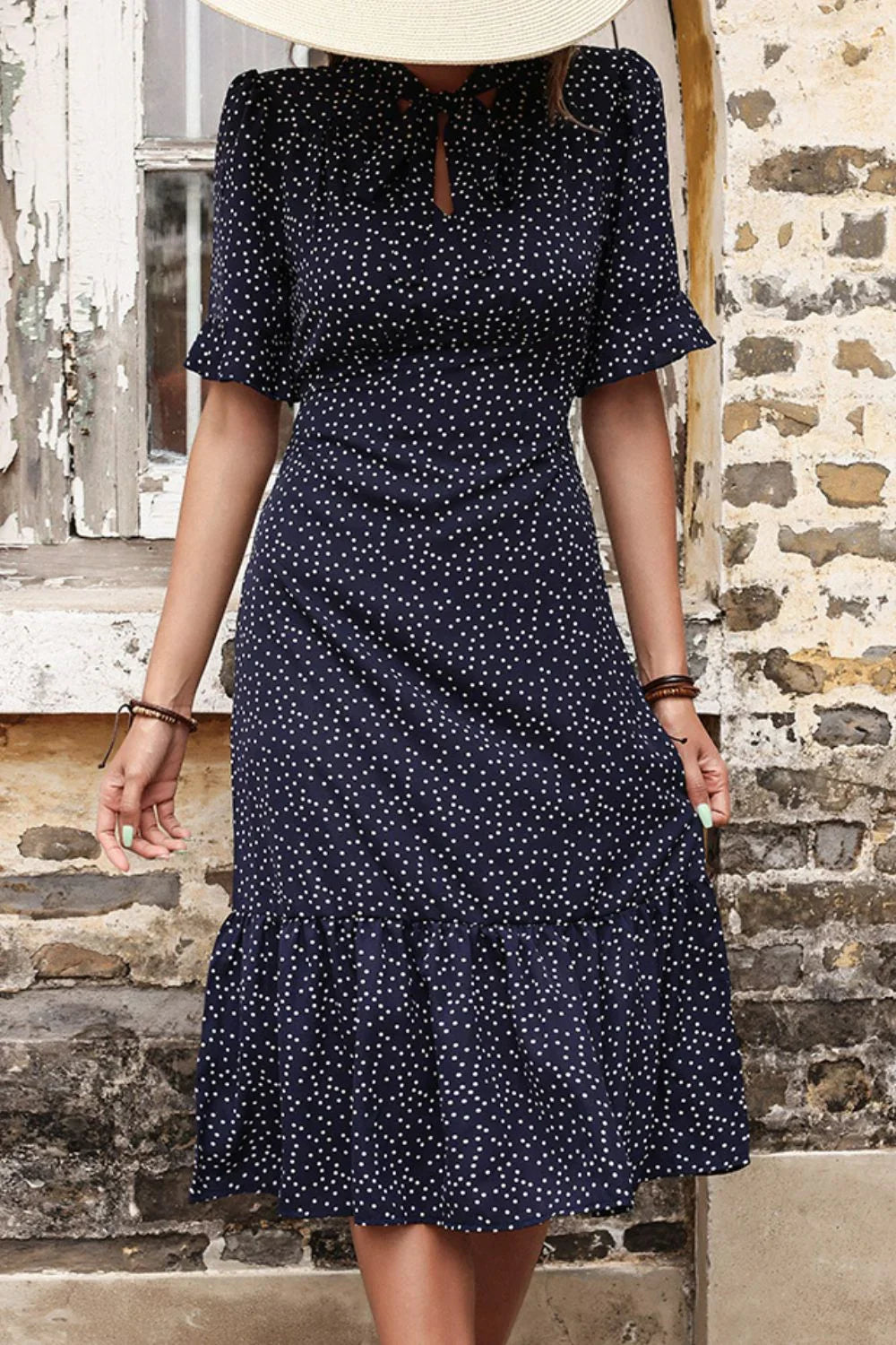 Perfee Polka Dot Tie Front Ruffled Midi Dress - Southern Shores Clothing