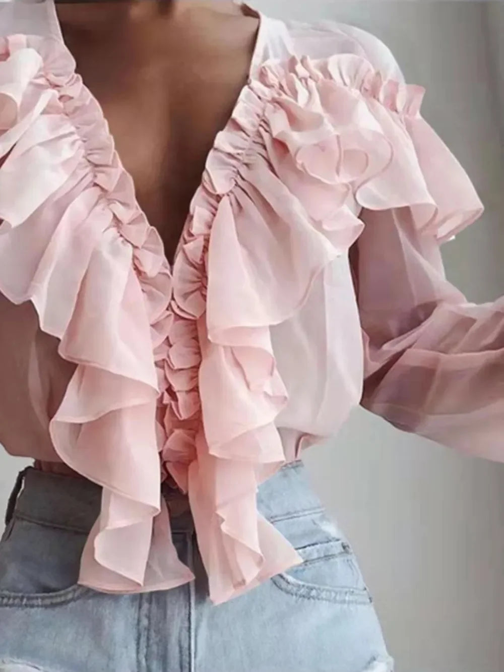 Elegant Ruffled V Neck Long Sleeve Polyester Blouse - Southern Shores Clothing