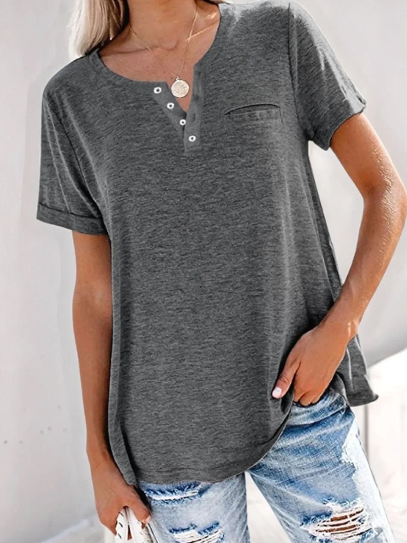 Plus Size Notched Short Sleeve T Shirt With Button Detail - Southern Shores Clothing