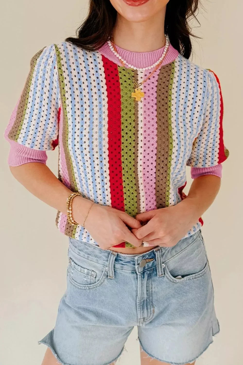 Openwork Striped Crochet Knit Short Sleeve Top With Stretch - Southern Shores Clothing