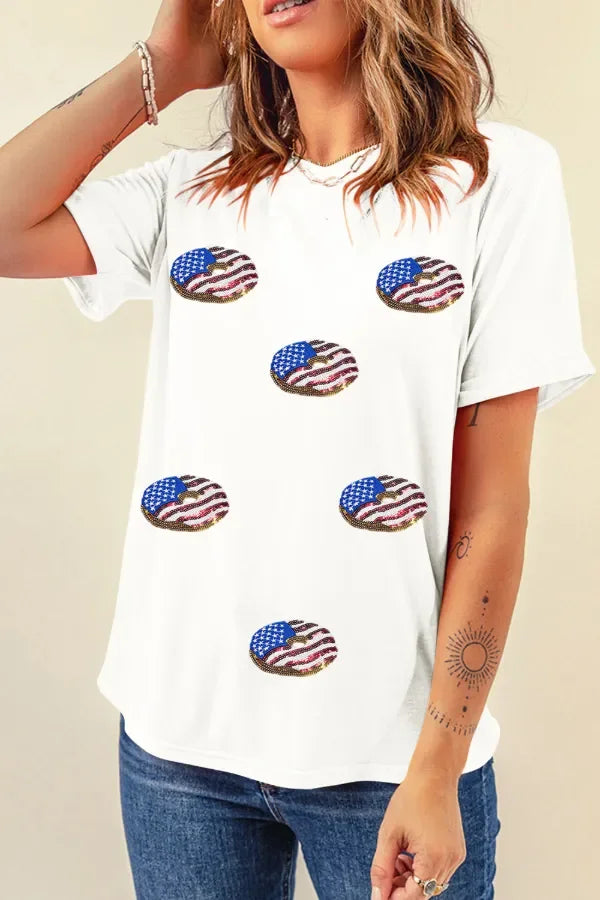 Sequined Flag Round Neck Short Sleeve Tee - Southern Shores Clothing