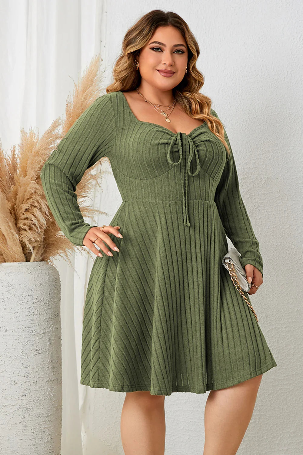 Plus Size Sweetheart Neck Long Sleeve Ribbed Dress - Southern Shores Clothing