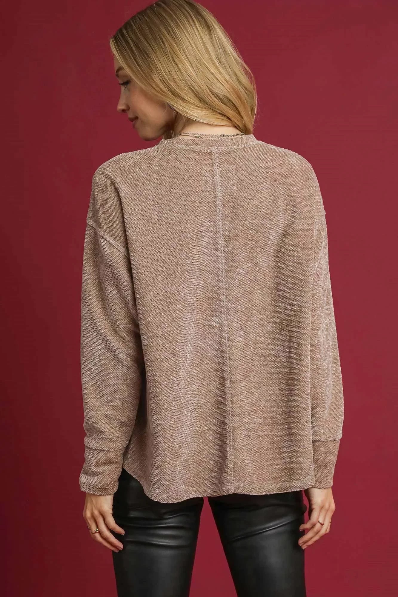 Round Neck Long Sleeve Side Slit Top Soft Knit - Southern Shores Clothing