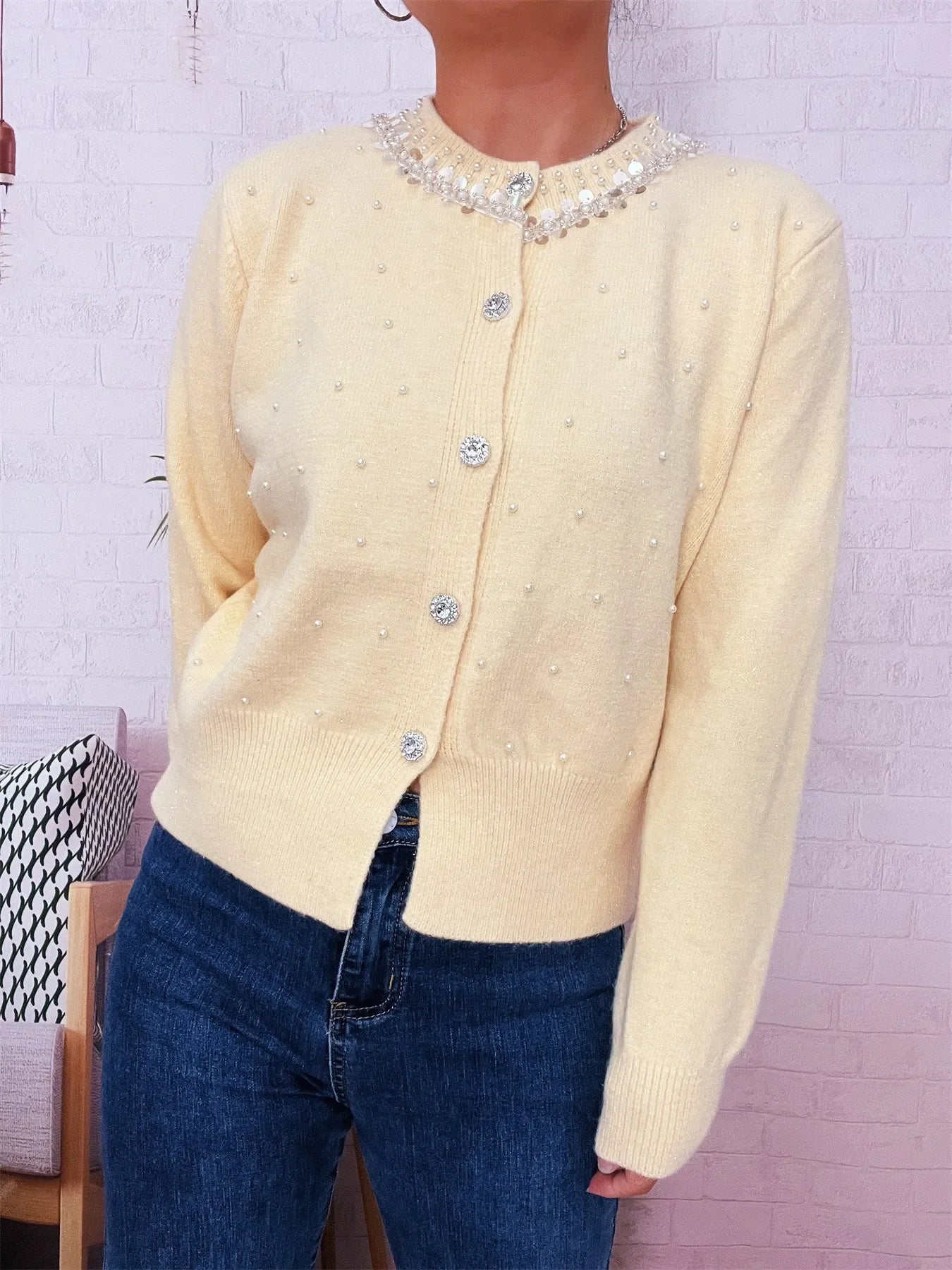 Pearl Detail Button Front Cardigan Stretch Knit - Southern Shores Clothing