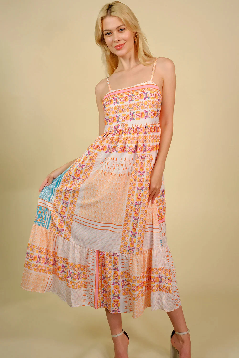 Printed Spaghetti Strap Smocked Midi Dress - Southern Shores Clothing