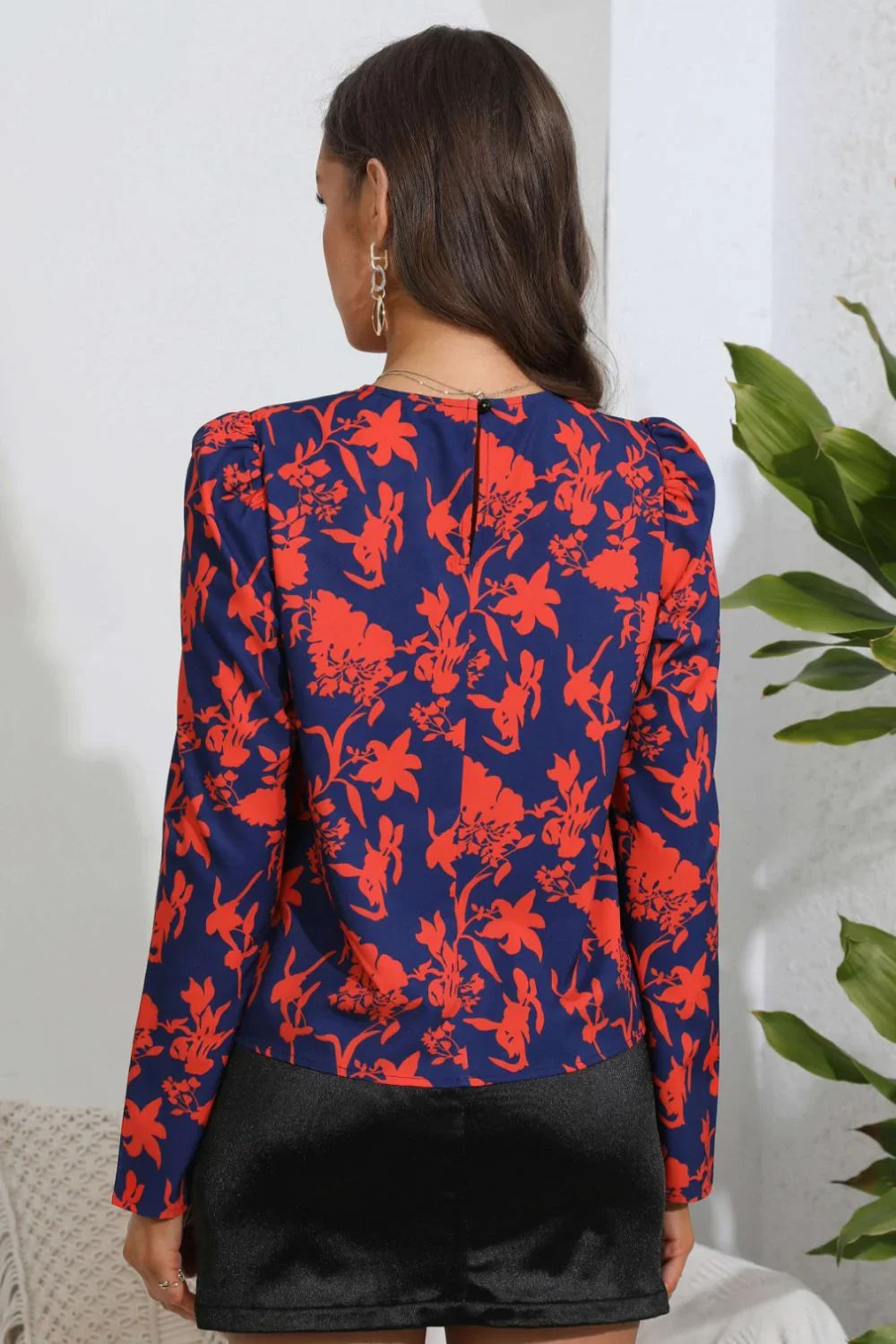 Floral Long Puff Sleeve Blouse With Ruched Neckline Casual - Southern Shores Clothing