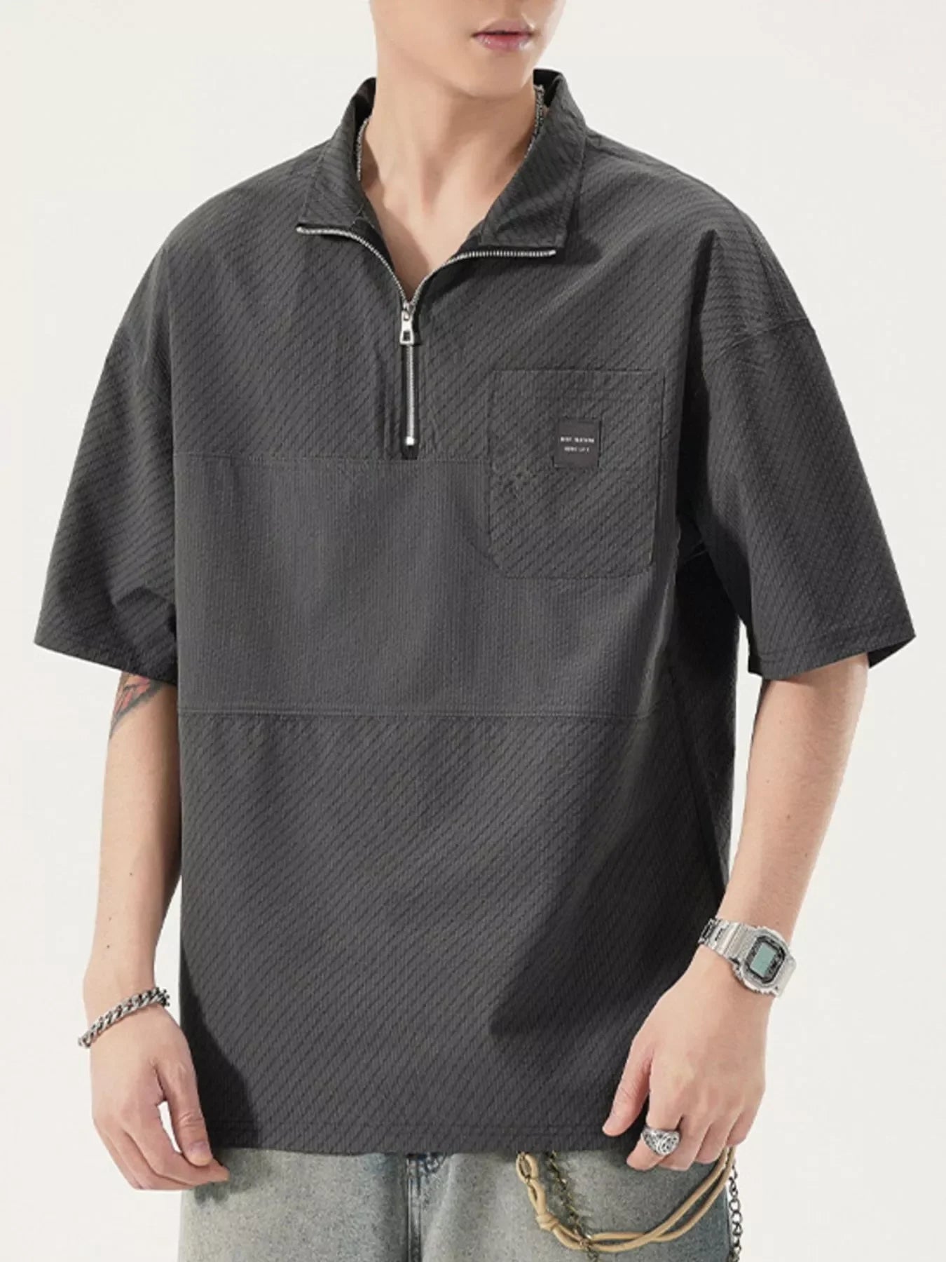 Plus Size Oversized Half-Zip Textured T-Shirt - Southern Shores Clothing