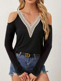 V Neck Cold Shoulder Long Sleeve Tee With Lace Detail - Southern Shores Clothing