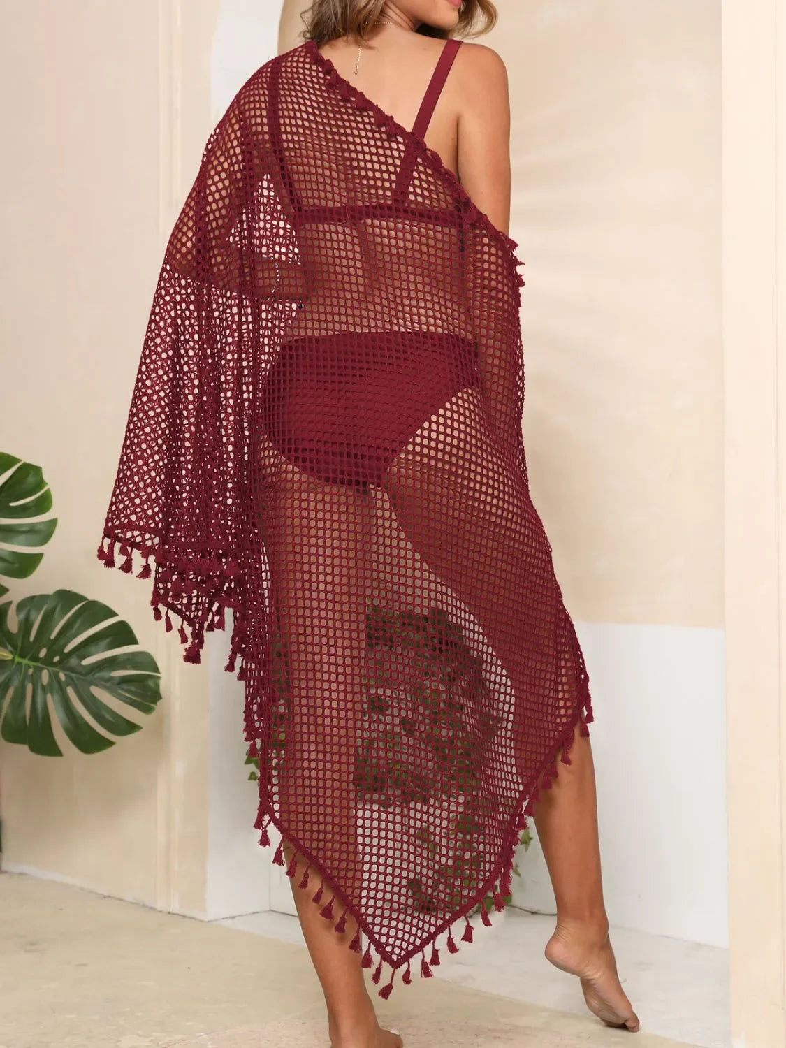 Tassel Openwork Open Front Swimwear Cover Up One Size