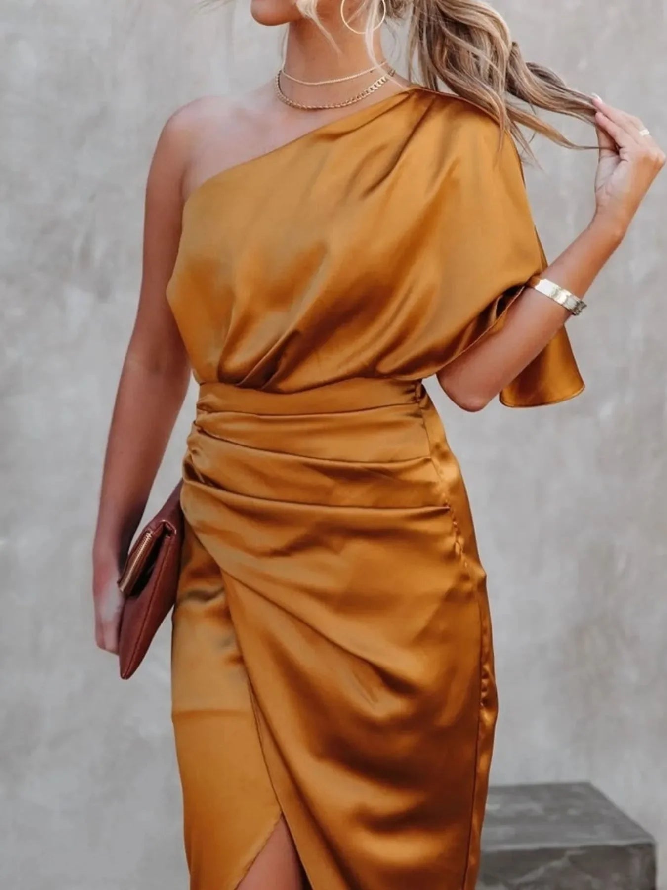 One-Shoulder Satin Wrap Dress With Side Slit - Southern Shores Clothing