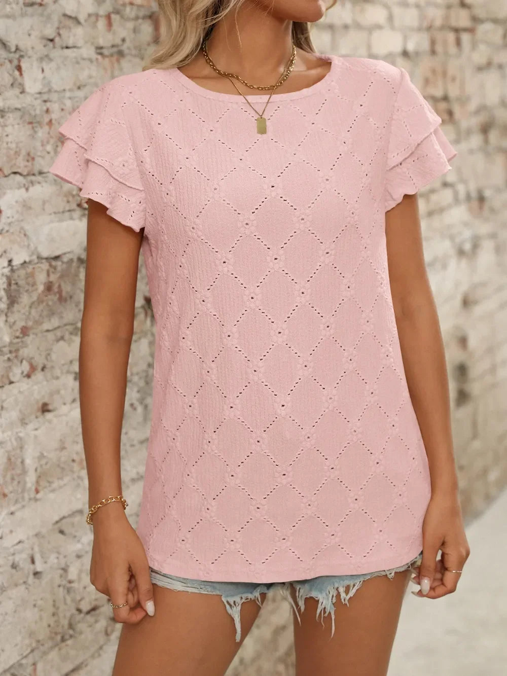 Eyelet Round Neck Ruffled Short Sleeve Top - Southern Shores Clothing