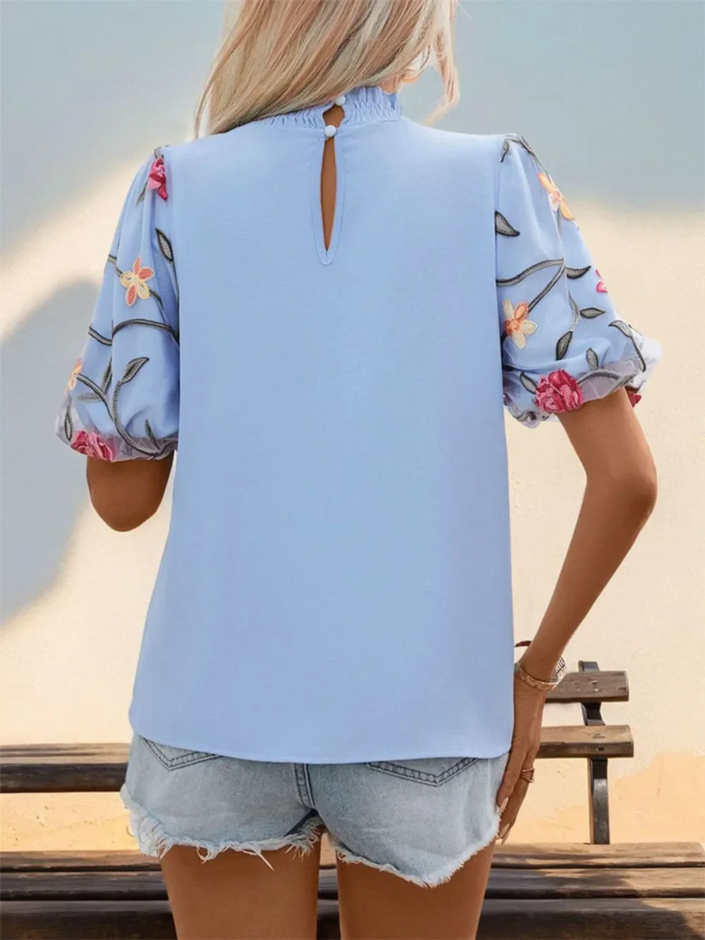 Embroidered Mock Neck Puff Sleeve Blouse - Southern Shores Clothing