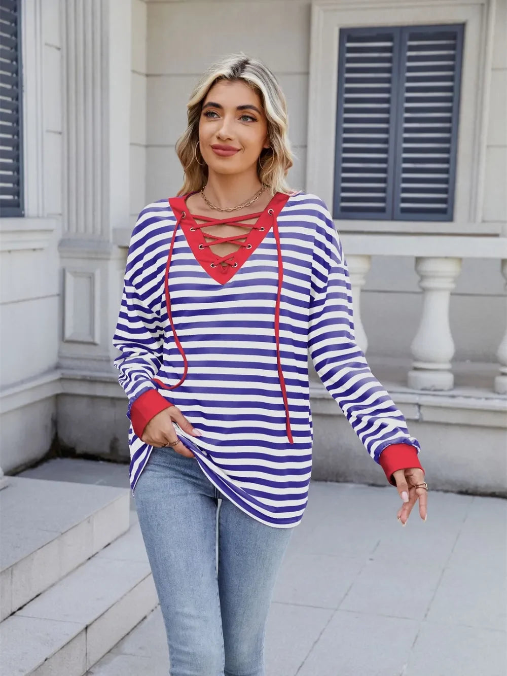Lace-Up Striped Long Sleeve T-Shirt - Southern Shores Clothing