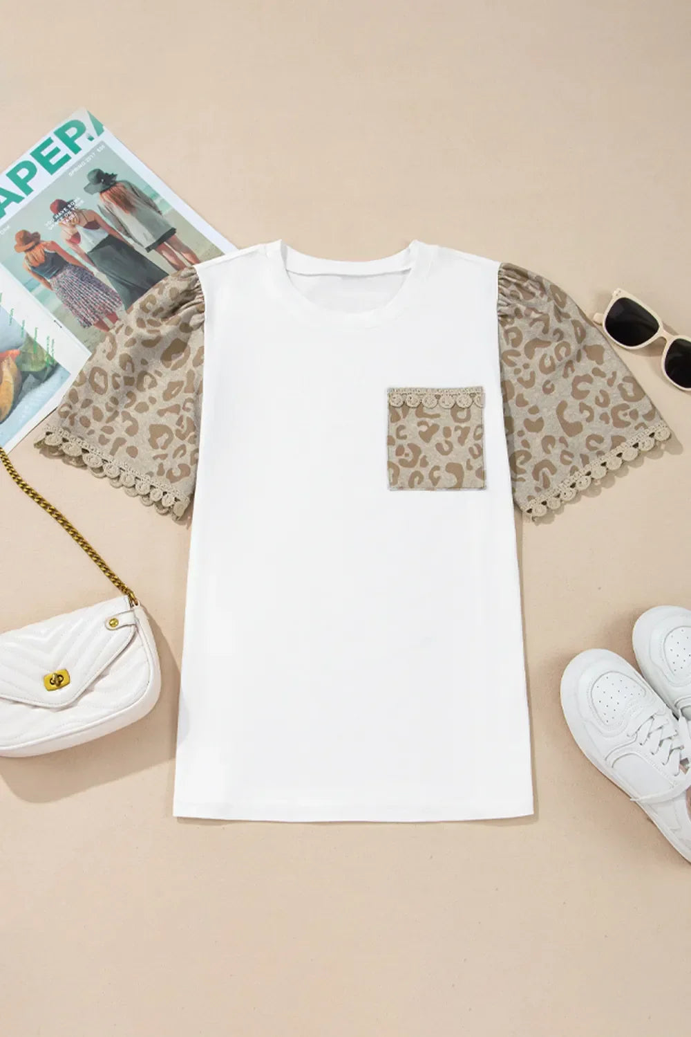 Leopard Patchwork Crochet Lace Trim Puff Sleeve T Shirt - Southern Shores Clothing