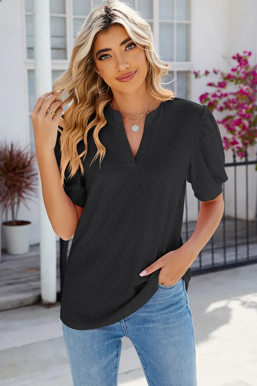 Eyelet Notched Puff Sleeve T-Shirt - Southern Shores Clothing