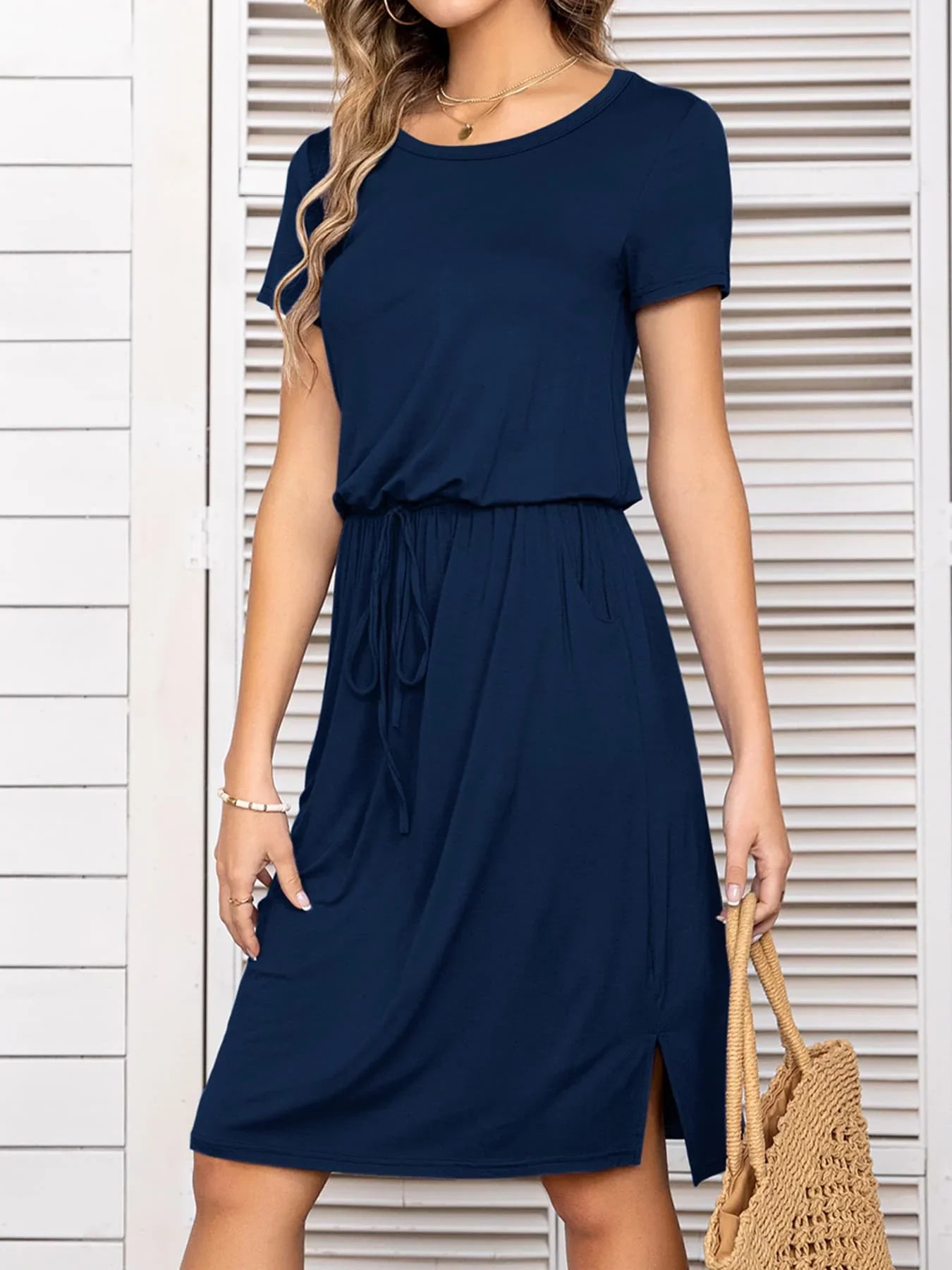 Round Neck Short Sleeve Slit Dress with Pockets - Southern Shores Clothing